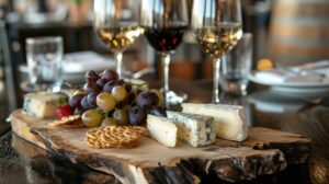 Crave Culinaire artisanal cheese and wine pairing on an elegant wooden board