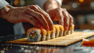 Cinematic close-up of sushi rolling on bamboo mat, chef hands assembling sushi